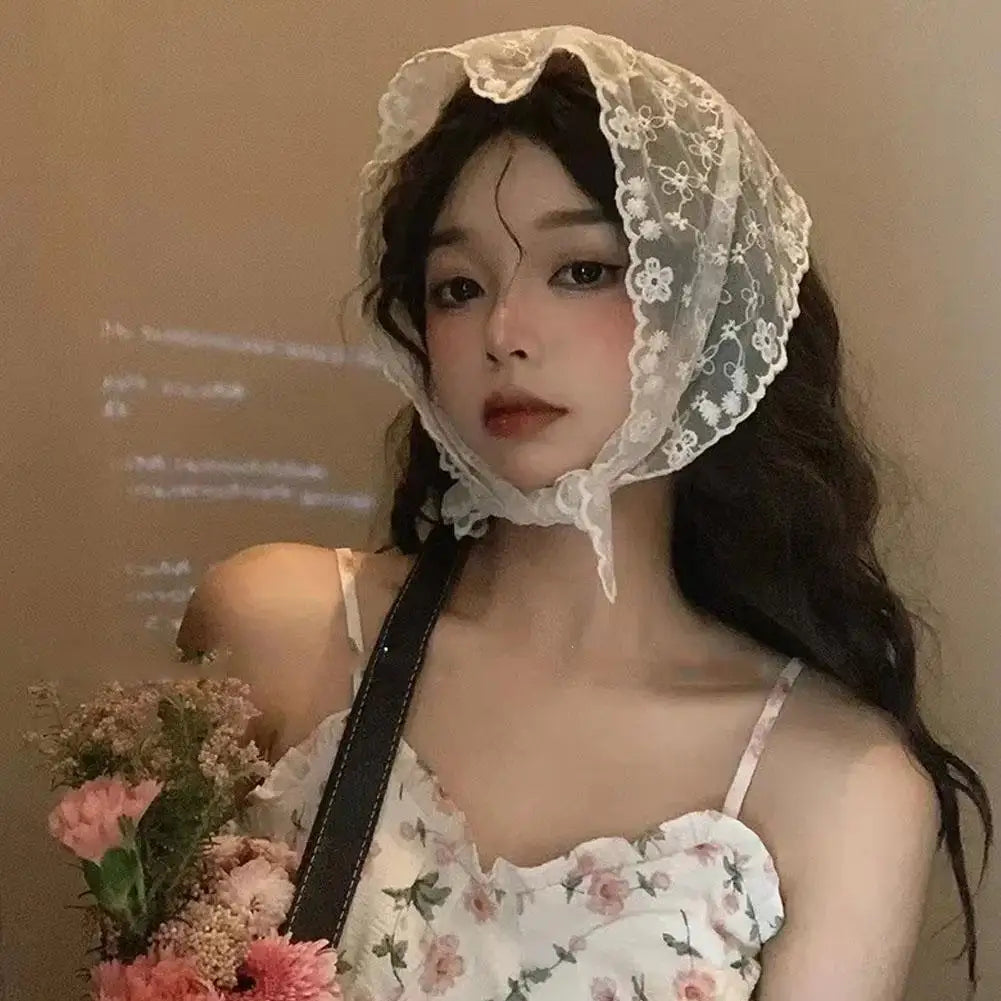 Retro Floral Lace Head Wrap Scarf | Women's Triangle Headscarf Lace Head Wrap Scarf Zpaxo