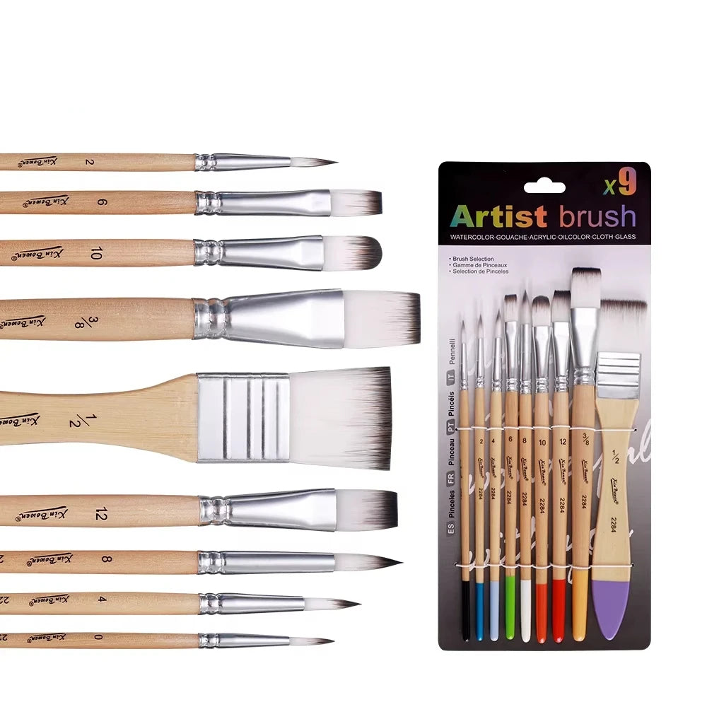 9pcs Artist Nylon Brush Set Wood Handle Beginner Professional Painting Watercolor Oil Acrylic Paint For Art School Tool Supplies Zpaxo 9pcs
