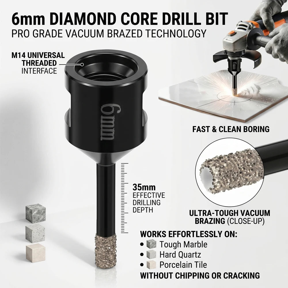 6mm Brazed Diamond Core Drill Bit Angle Grinder Hole Saw For Ceramic Tile Porcelain Marble Quartz Dry Cutting Milling Bits Zpaxo