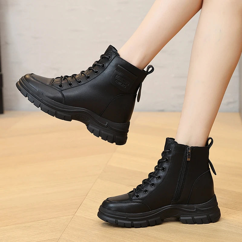 Black Leather Combat Boots Women 2026 Lace Up Side Zipper Round Toe Zpaxo