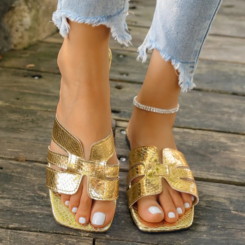 Golden Open Heeled Flat Women's Shoes Leather Sandals Bathroom Slippers Beach Footwear Comfortable Slip-On Sandals for Women Zpaxo