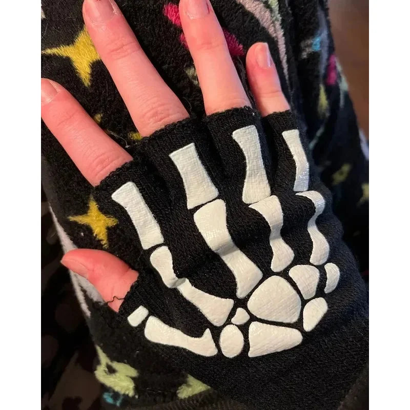 Halloween Skull Fingerless Gloves – Punk Half-Finger Kids & Adult