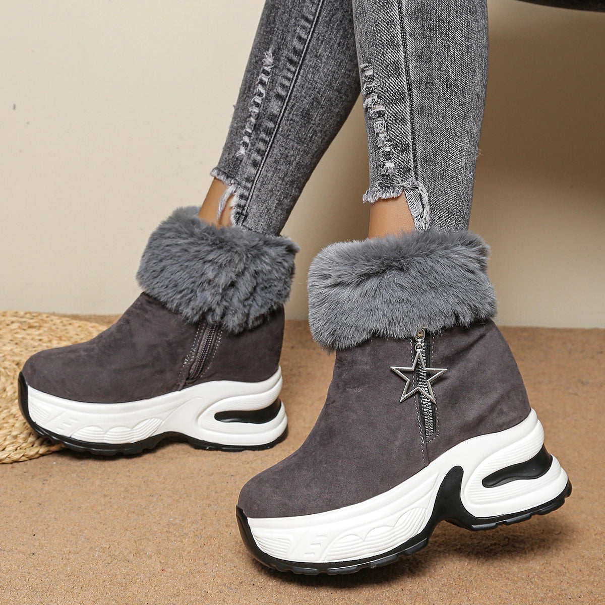 2025 New Women Ankle Boots Causal Zipper Internal Increasing Shoes Women Outdoor Luxury Designer Shoes Warm Platform Snow Boots Zpaxo GRAY 43