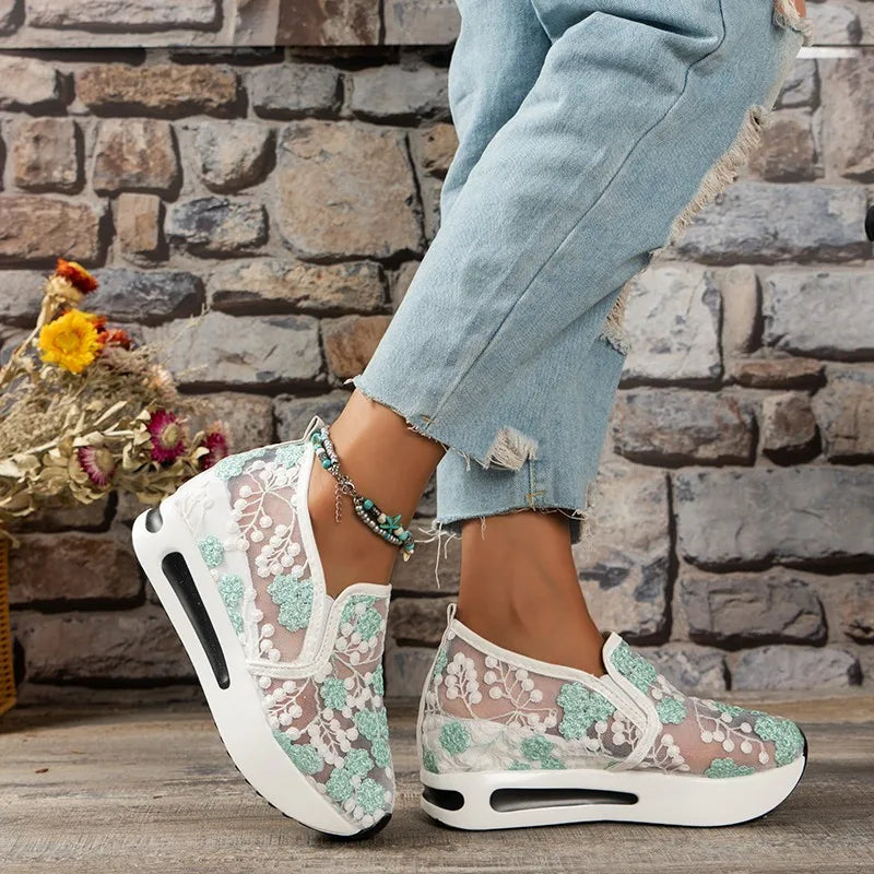 2025 New Women Casual Shoes Mesh Breathable Sneakers Thick Bottom Slip on Shoes Women Espadrille Lace Embroidered Women Sneakers Zpaxo