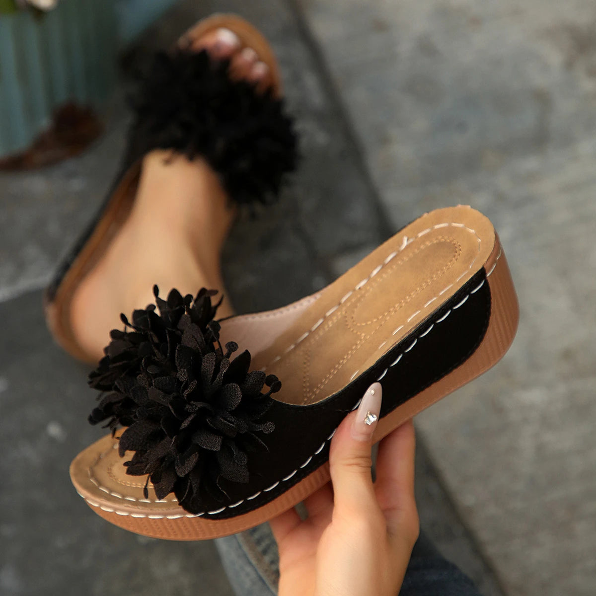 Women Wedges Slippers 2025 New Summer Sandals Slip on Fashion Woman Shoes Flower Platform Slippers Slides Women Zapatos De Mujer Zpaxo black 38