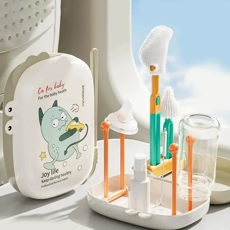 Travel Baby Bottle Cleaning Kit 5-in-1 Silicone Bottle Brush Set Portable Space Saving Drying Rack With Soap Dispenser Storage Zpaxo