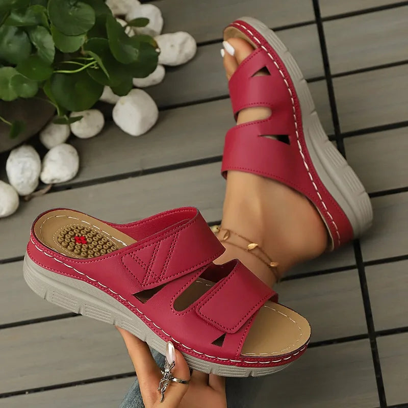 Women's Hollow Out Vintage Comfortable Fish Mouth Open Toe Wedge Heel Zpaxo Red 37