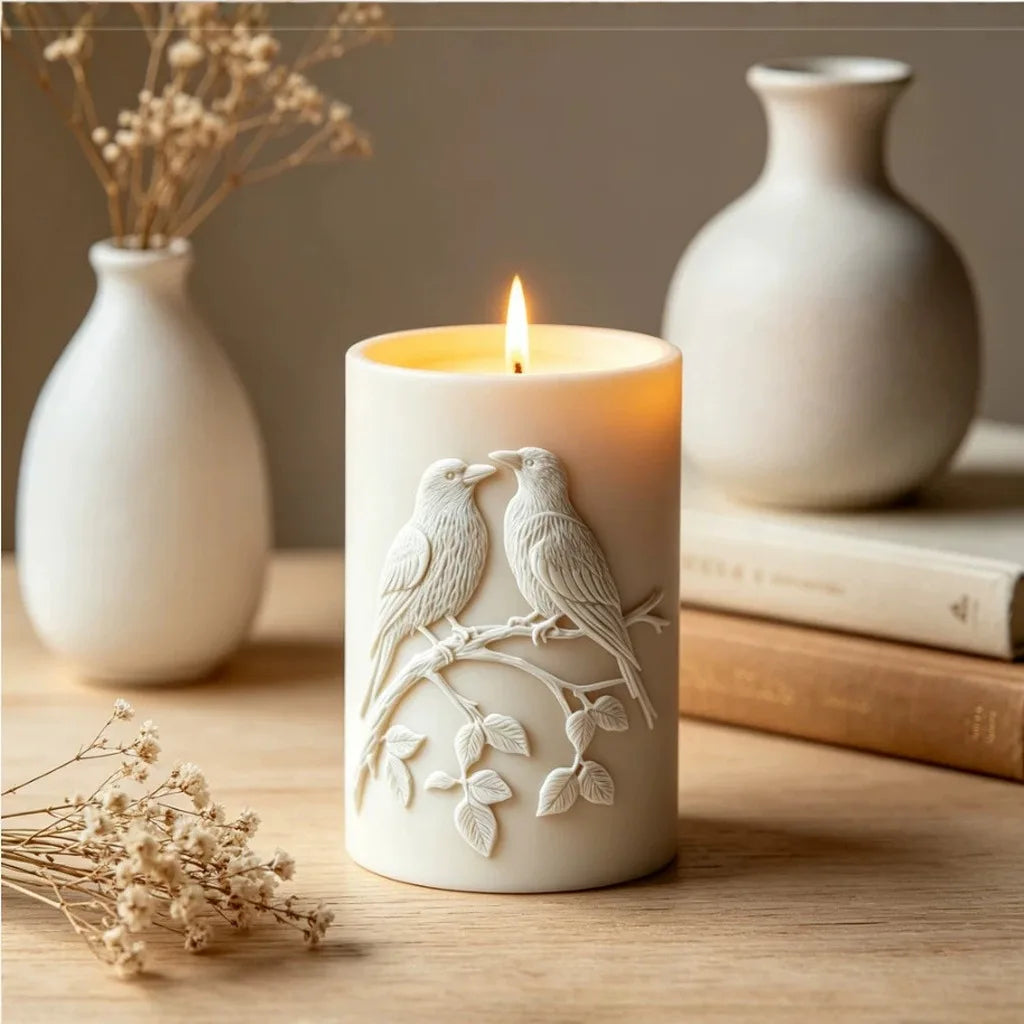 3D Birds on Branch Cylindrical Silicone Candle Mold – DIY Craft