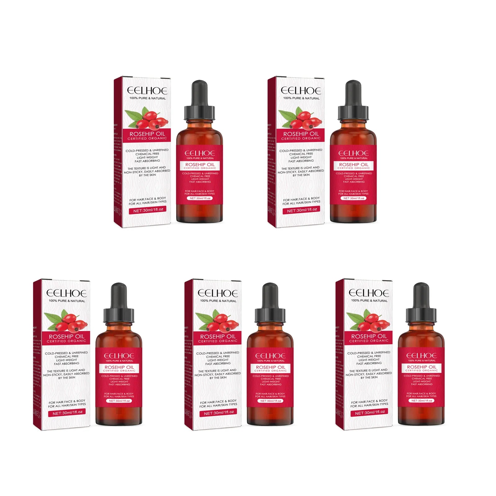 EELHOE Rosehip Facial Oil – Anti-Aging, Firming & Moisturizing Facial Essential Oil Zpaxo 5 x 30ml Boxed