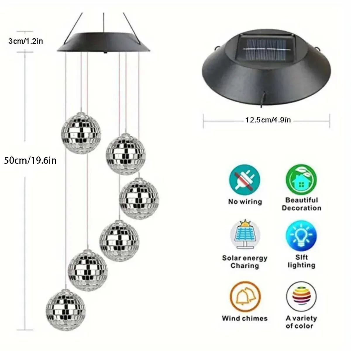 Solar Powered Wind Chime Mirror Ball Pendant Light LED Mobile Zpaxo