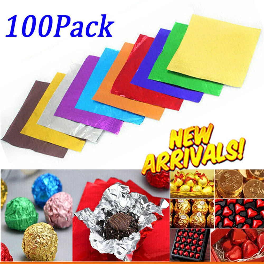100-Pack Aluminum Foil Candy Wrapping Sheets – 8x8cm, 9 Colors
