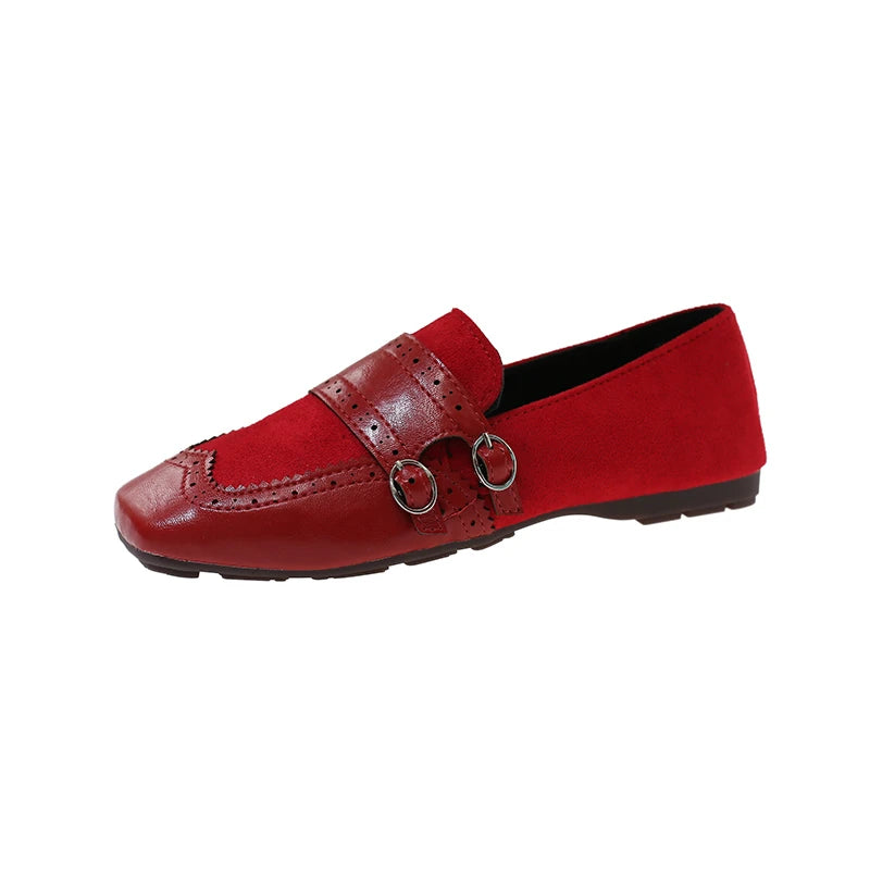 Square Toe Flat Loafers Women's 2026 Retro Pull-on Metal Belt Buckle Zpaxo Red 36