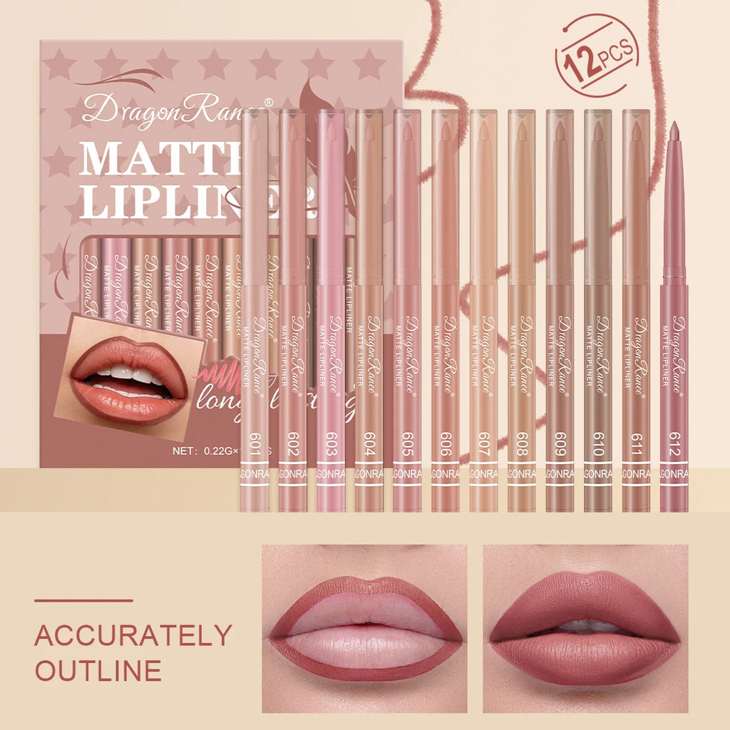 12-Piece Lip Liner Set for Beginners, Natural and Delicate Lip Shaping, Waterproof Matte Nude Color Lip Liner Set Zpaxo