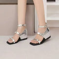 Women's Square Open Toe Hollow Out Breathable Multi Buckle Strap Zpaxo Silver 34