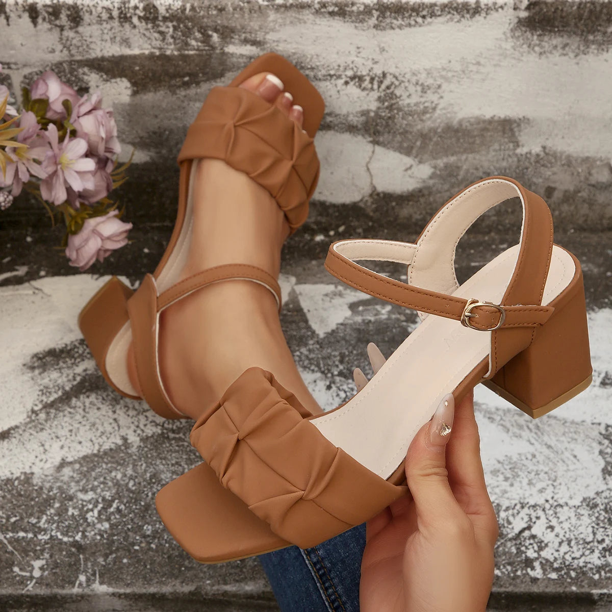 Women Sandals Strap Buckle Fashion All-match Shoes Thick Heels Open Zpaxo Brown 36