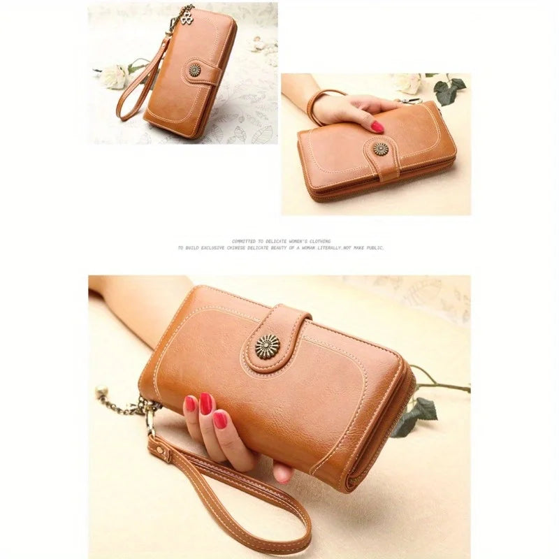 Long Wallet Clutch Bag Women Vintage Greased Leather Large Capacity