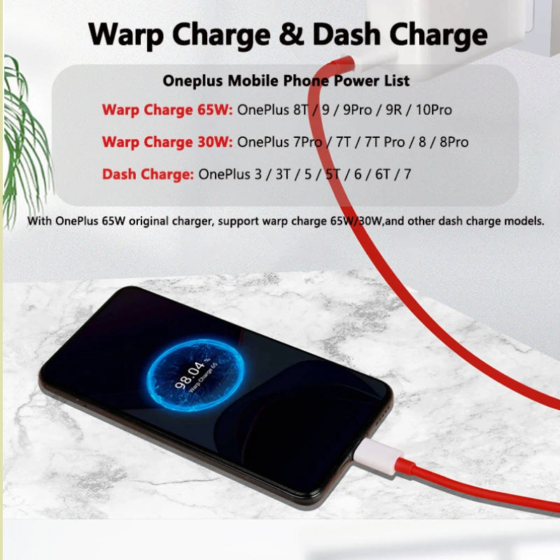 6 5A Fast Charge C Cable 65W Warp Charger Cables USB PD USBC Oneplus