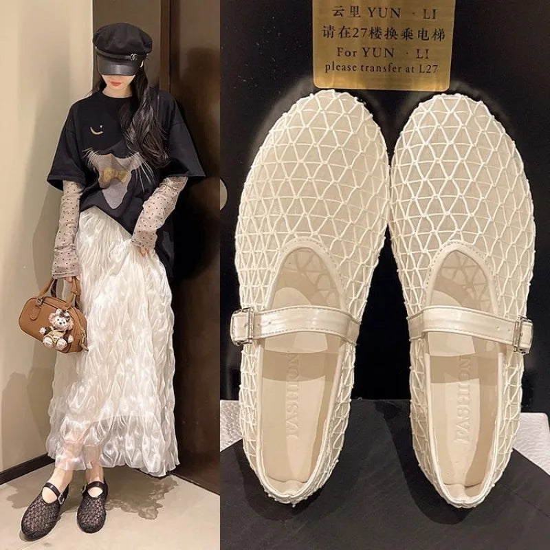 Womens Mesh Mary Jane Flat Sandals Summer Breathable Hollow Out Fishnet Ballet Shoes Buckle Strap Lightweight Black Beige Shoes Zpaxo
