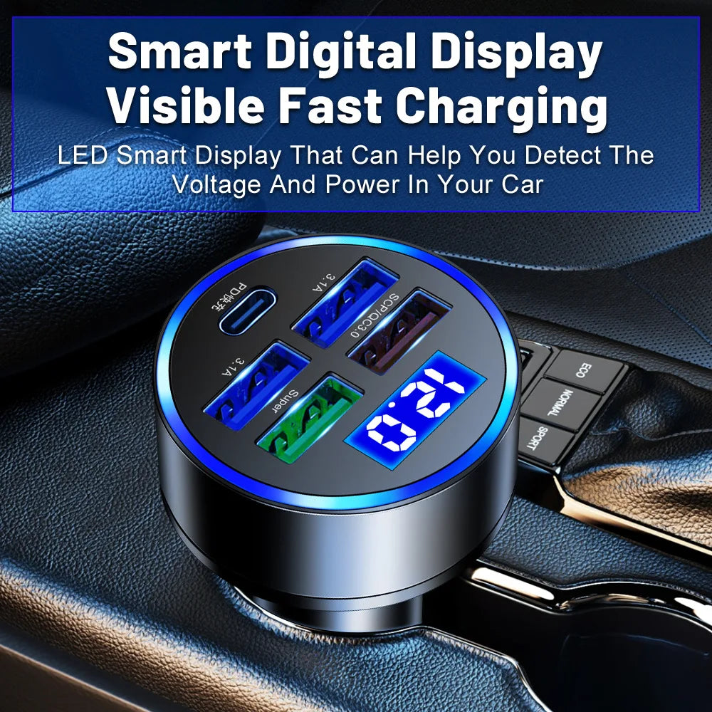 250W 5-Port USB-C Car Charger – PD & QC 3.0 Fast Charge