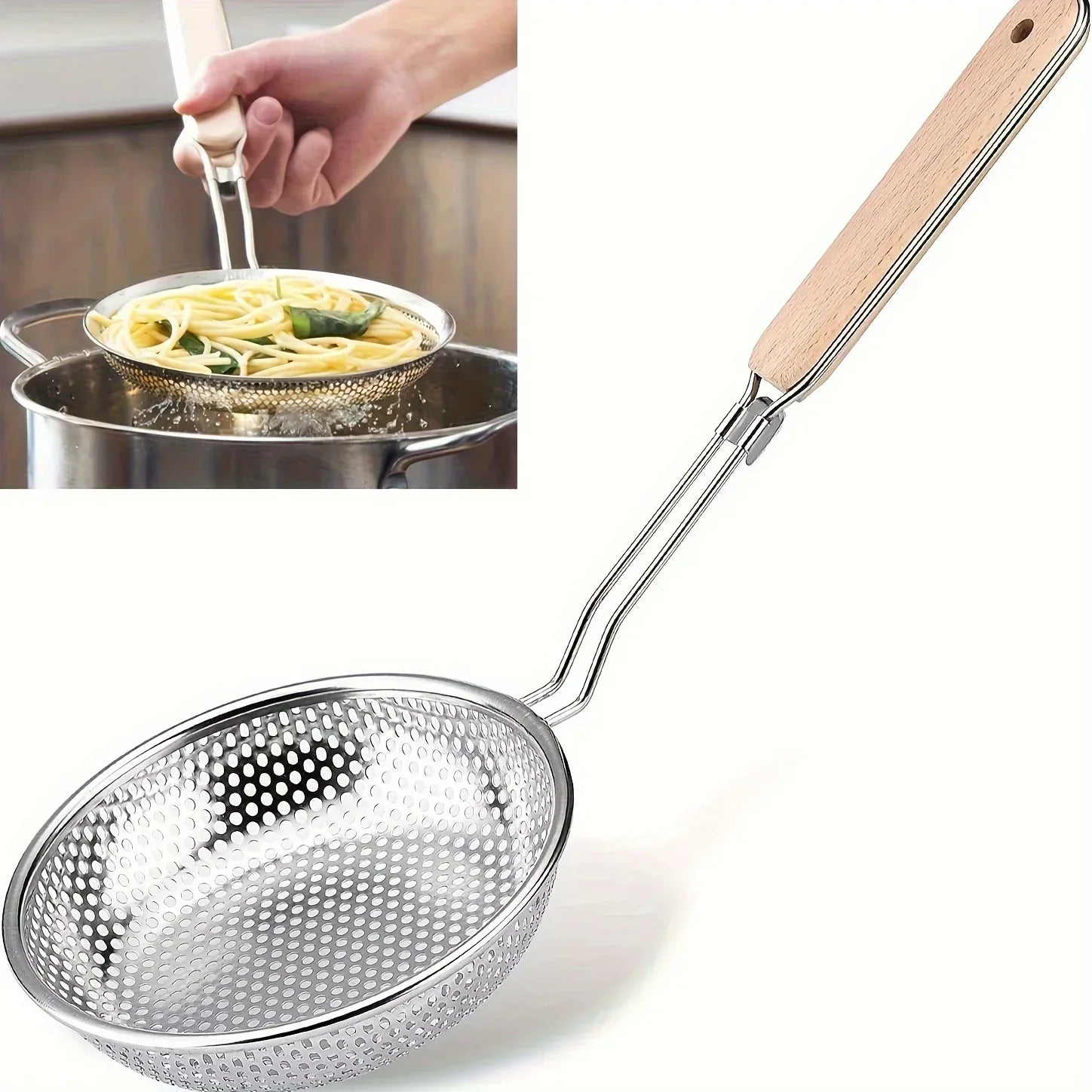 Wooden Handle Stainless Steel Small Colander Fine Mesh Oil Strainer Multi-function Filter Mesh Flour Sifter Kitchen Baking Tools Zpaxo Silver