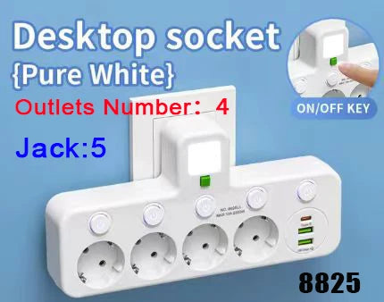 EU Power Strip with USB-C, Multiple AC Outlets & Switches EU Power Strip Zpaxo 8825 White EU Plug