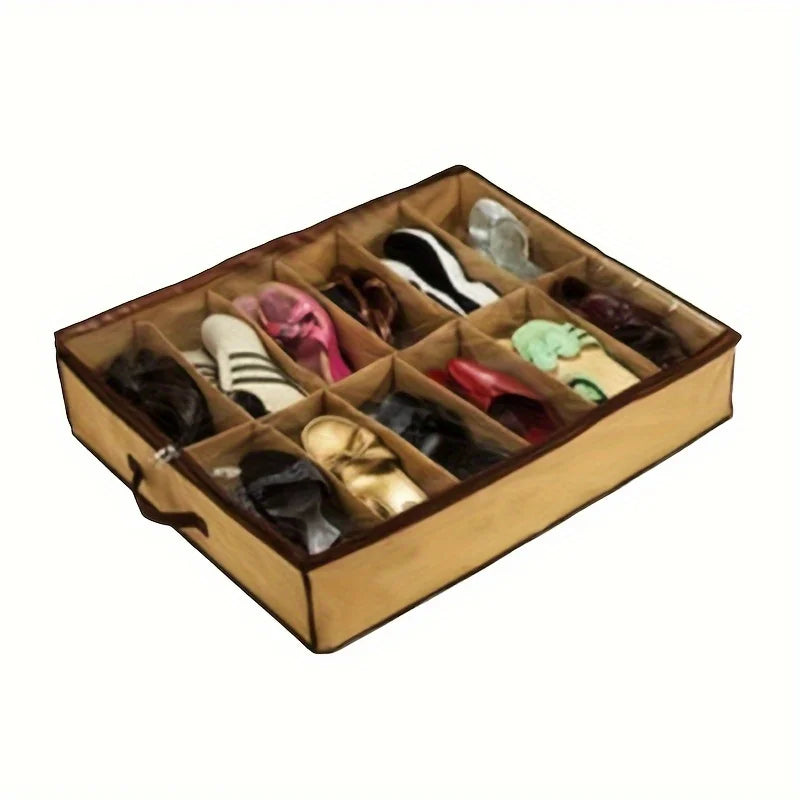 Space-saving 12-Grid Shoe Storage Box Dustproof Clear Cover Perfect