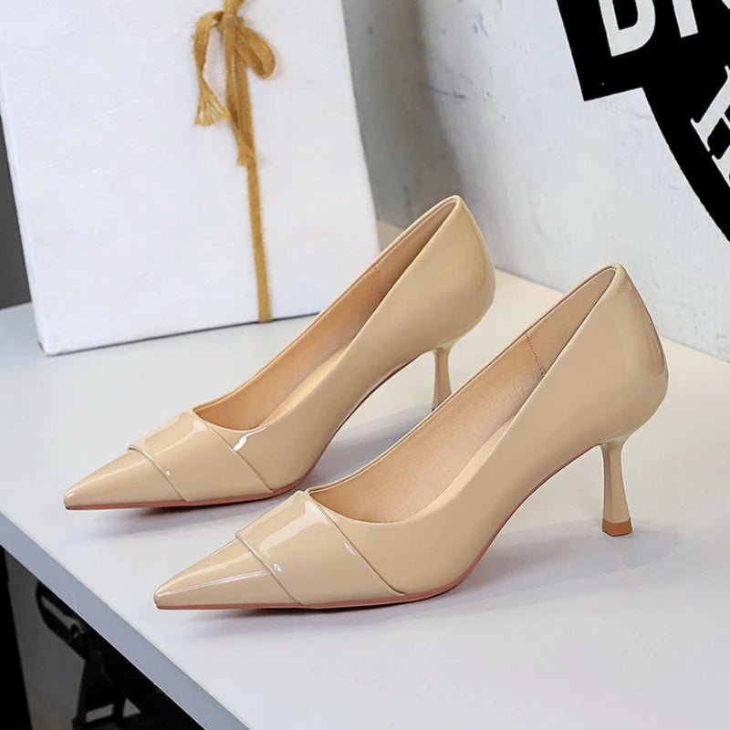 Nude Patent Leather Pointed Toe Kitten Heel Pumps Overlay Strap Zpaxo 9577-2Khaki 40(insole 24.5cm) China Mainland