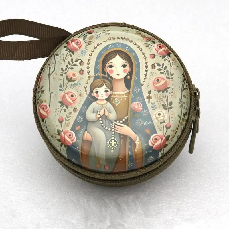 Portable Virgin Mary Jesus Prayer Rosary Storage Bag Mini Zippered