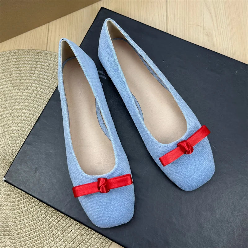Flat Shoes Women 2025 Spring Autumn French Bow Square Toe Ballet Shoes Women Loafers Women Shoes Super Big Size 43 44 Zpaxo