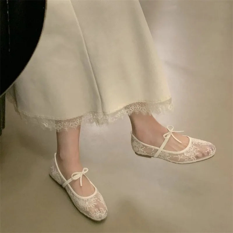 Mesh Lace Inner Heightening Women's Shoes Summer New Sexy Square Head Shallow Breathable Ballet Shoes Bow Flat Shoes Zpaxo