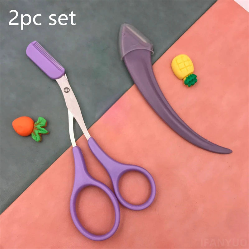Eyebrow Razor Eyebrow Trimmer Scissor Beauty Products for Women Eyebrow Scissors with Comb Stainless Steel Beauty Makeup Tools Zpaxo Purple set