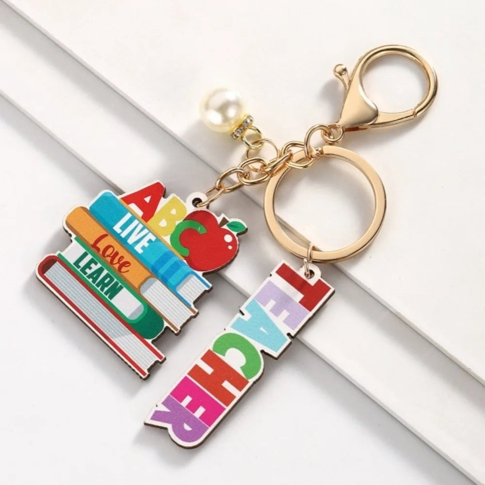 Wooden Teacher's Day Keychain English Letter Geometric Shape Text Keychain Pendant Colorful Rainbow Pen Holder Key Ring Zpaxo