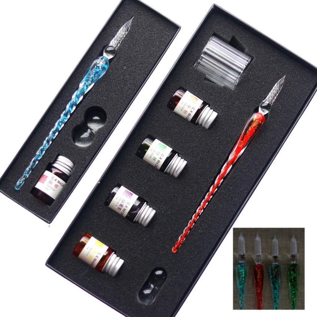 Crystal Glass Dip Pen Set – Gradient Color Retro Gift Box
