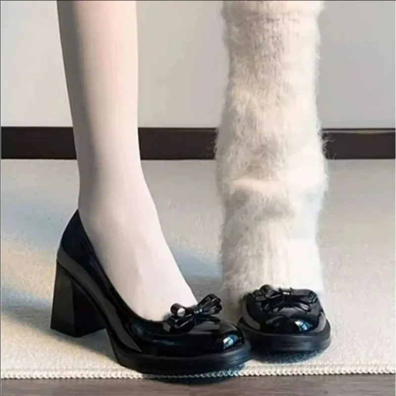 Vintage Bow Shallow Single Shoes Women Slip-On High Heels Block Heel Versatile Commuter Mary Jane Shoes Zpaxo