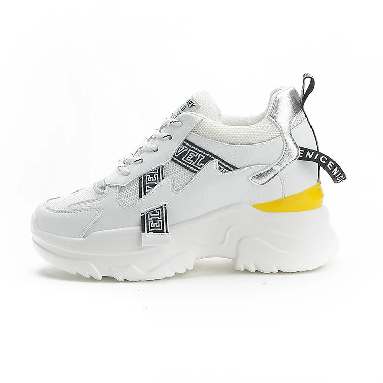 White Hidden Wedge Chunky Sneakers Women Block Mesh Upper Lace Up Zpaxo