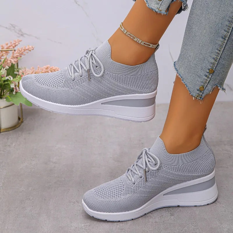 Women's Breathable Knitting Wedge Sneakers Thick Sole Casual Woman Zpaxo Light gray 41