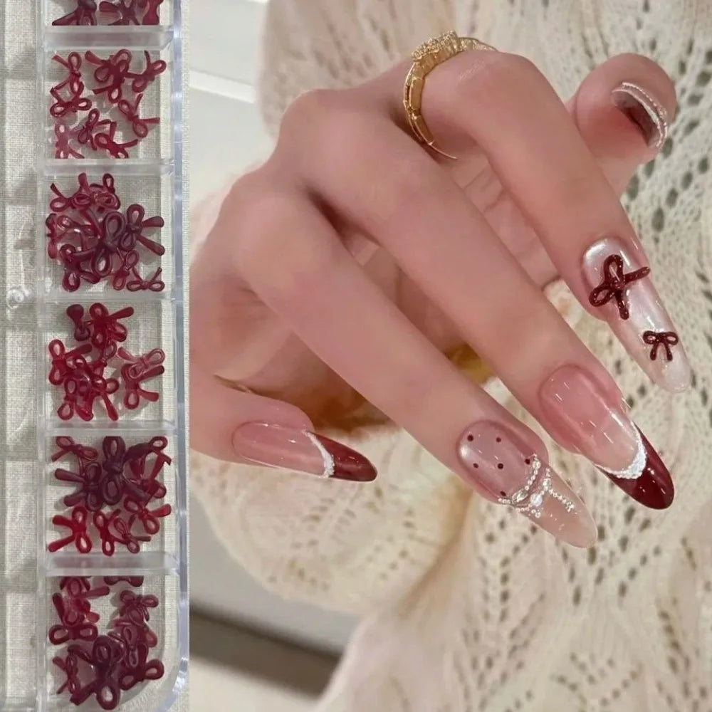 Wine Red Nail Art Decorations 3D Bowknot Burgundy DIY Decoration Zpaxo