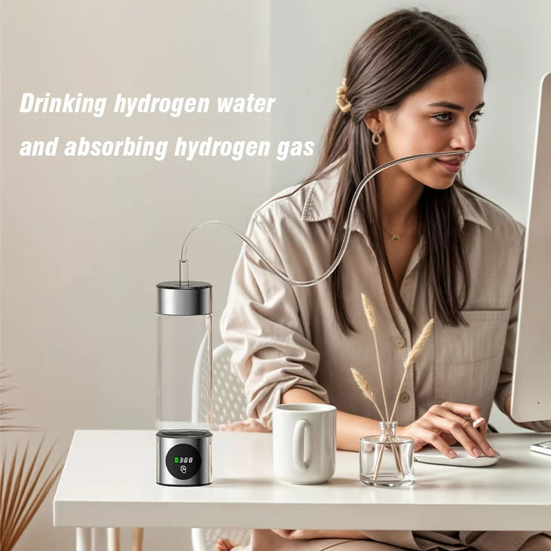 Portable Hydrogen Water Generator Bottle, SPE+PEM Dual Chamber Ionizer, Electrolytic Hydrogen Water Cup with PPB & Time Display Zpaxo