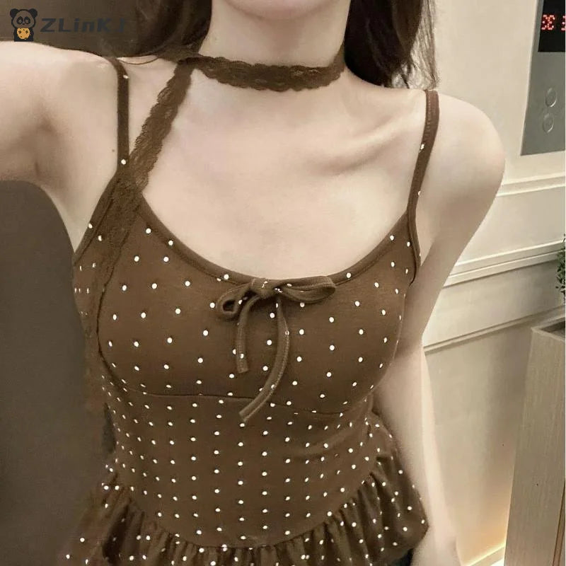 ▶Women Clothing Summer Fashion Casual Polka Dot Solid Color Sling Ladies Fashionable Appear Thin Slim Young Style Tops Zpaxo