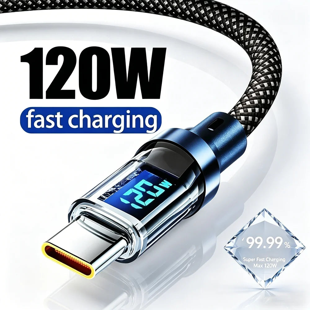 120W USB-C Fast Charging Cable with LCD Display | 6A USB-C Charging Cable Zpaxo