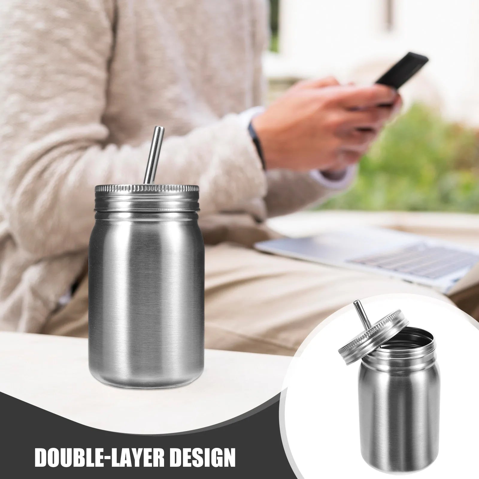 Stainless Steel Mason Jars Multi-functional Rustproof Cups Lid Straw