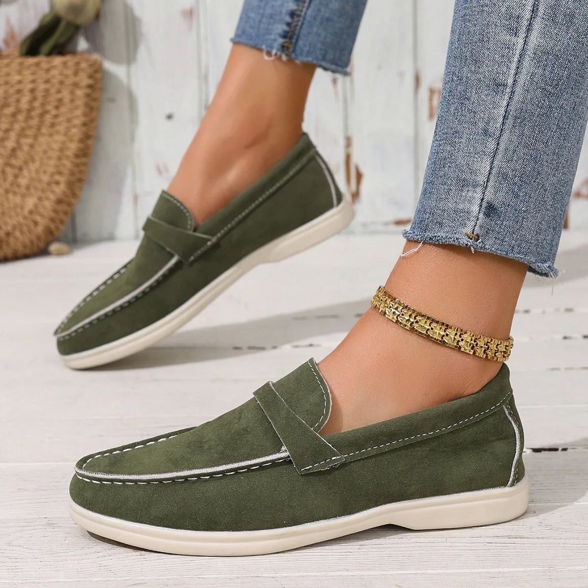Women's Platform Driving Shoes Round Head Sheep White Green Black
