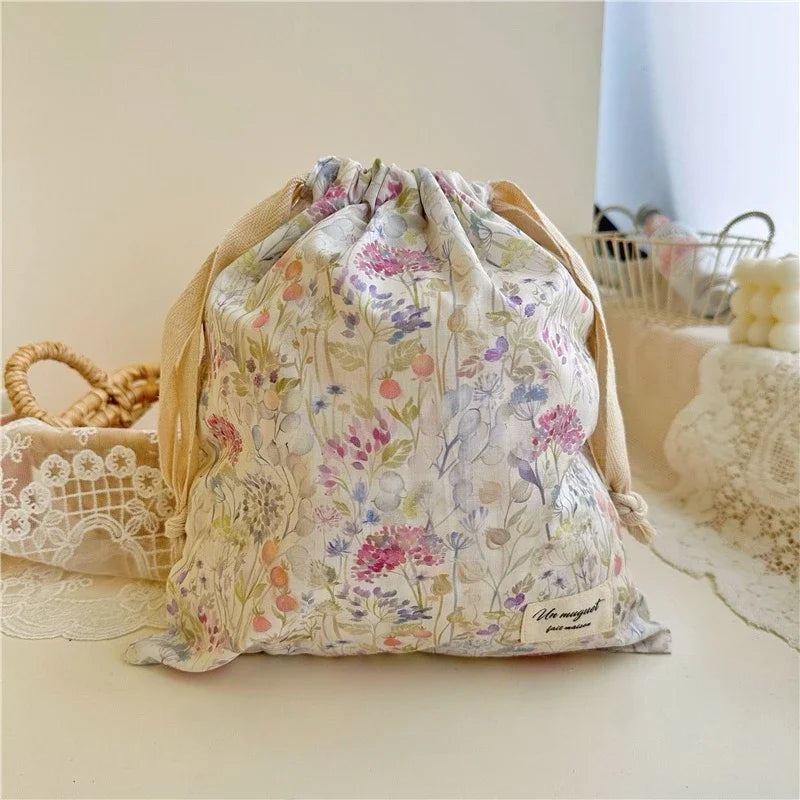 Hot Embroidery Bow Drawstring Bag, Multi-purpose Storage Box, Portable Travel and Home Dust Bag, Mom and Diaper Bag YUZI Zpaxo Purple flowers one size