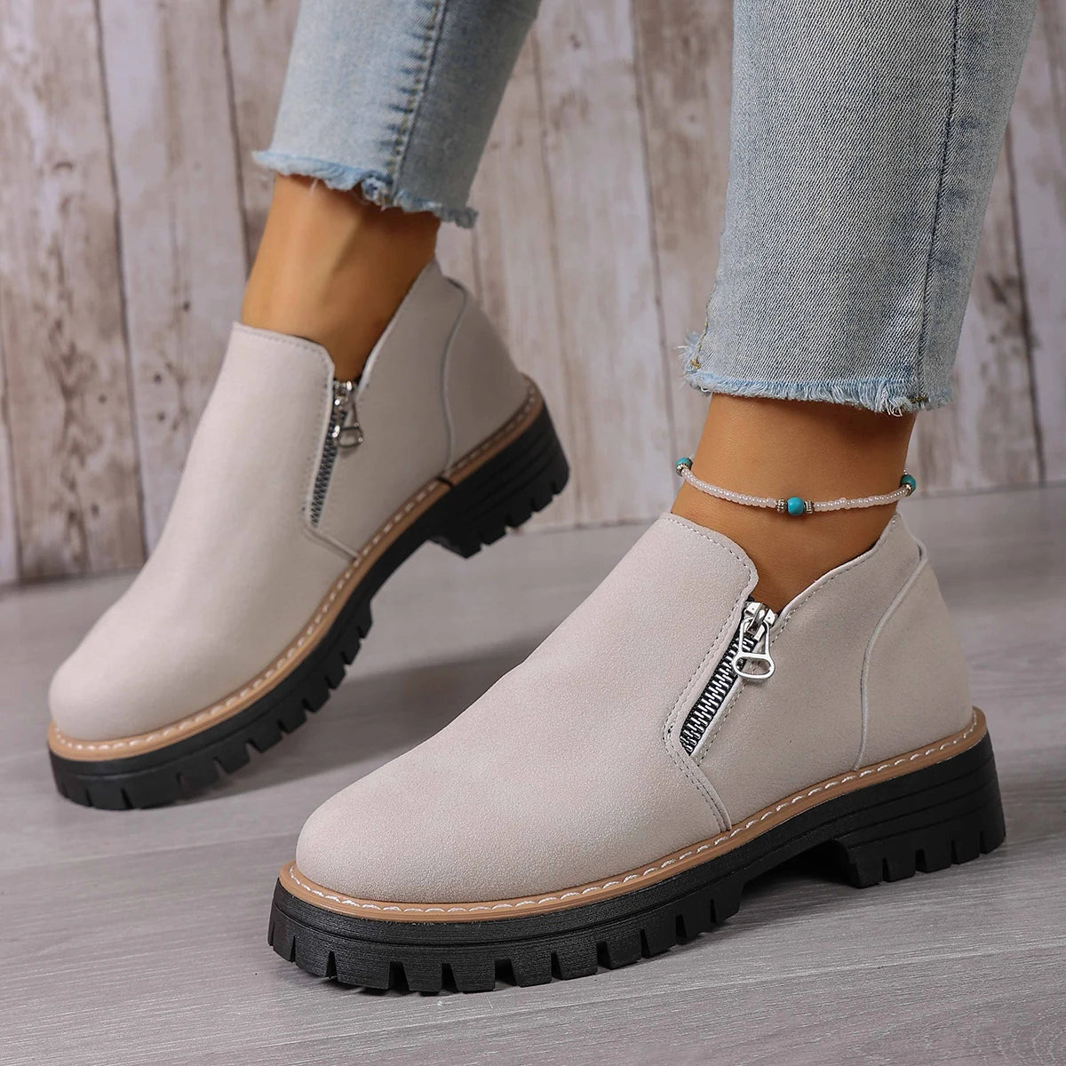 Women Boots 2025 New Plus Size Platform Shoes Side Zipper Short Shoes Thick Sole Ankle Boots Fashion Comfortable Boots for Women Zpaxo Beige 41