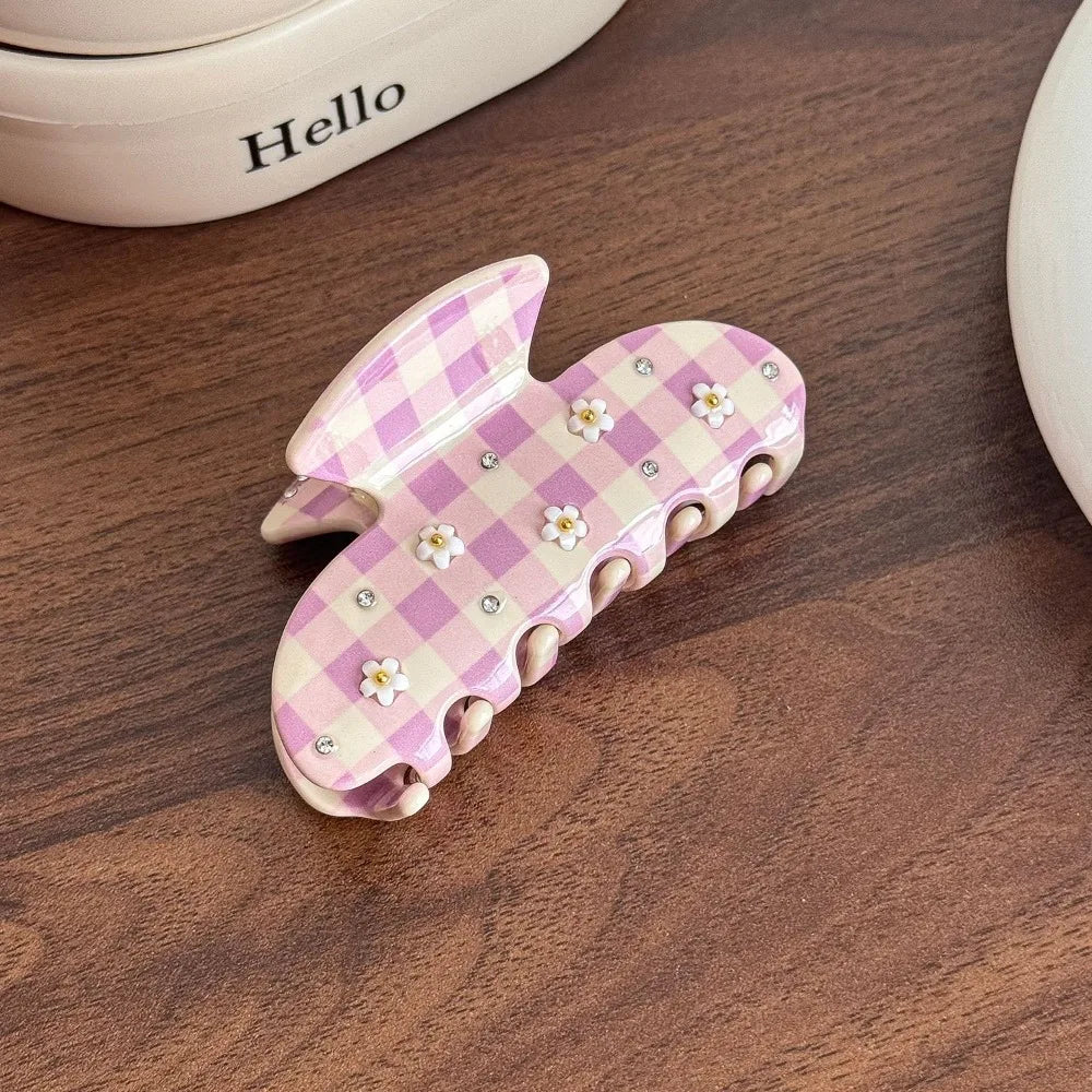 New Diamond-Studded Acetate Hair Claw Butterfly Shape Floral Pattern Hair Clip Sweet Style Elegant Shark Clip Back-Head Updos Zpaxo Pink Grids