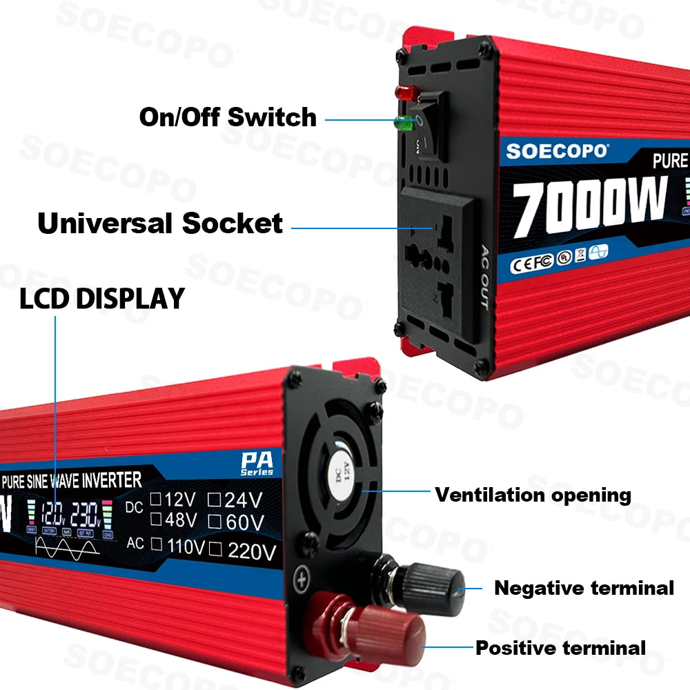 7000W Pure Sine Wave Inverter 12V 24V 48V 60V 110V 220V AC Output