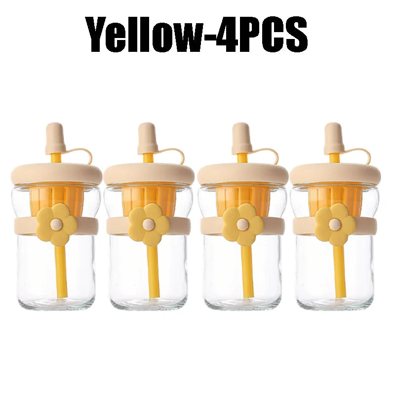Glass Flower Cartoon Tea Strainer Cold Brew Straw Tumbler Leak-proof Zpaxo Yellow-4PCS 500ml
