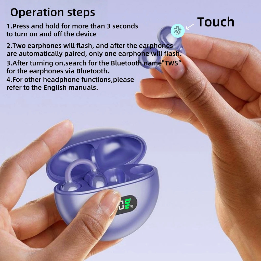 Clip Earbuds Open Ear Wireless Bluetooth 6 0 Headphones Mic 50H Play