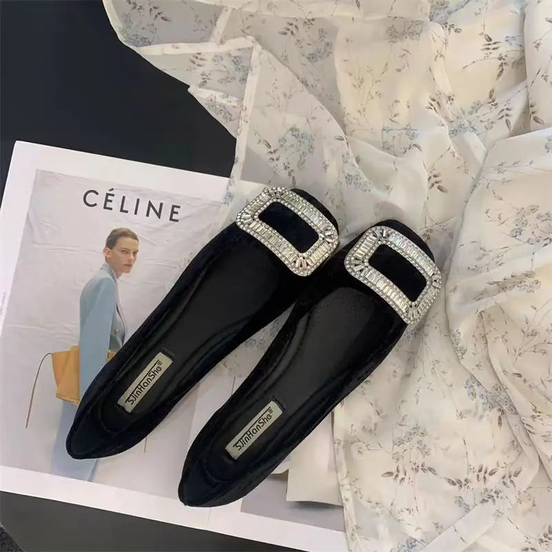 Flat Shoes for Women Spring and Autumn 2025 New Square Toe Rhinestone Shallow Flat Shoe for Work Loafers Women Big Size 42 43 44 Zpaxo Black 44