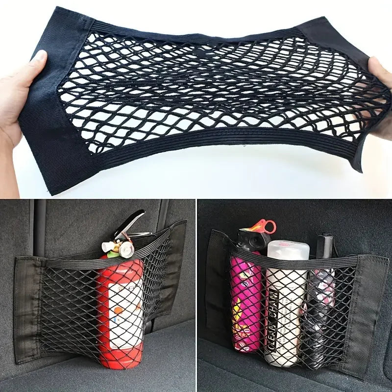 1 black mesh car trunk storage box-with hook and loop strap, easy to install and disassemble, double-layer elastic mesh bag stor Zpaxo